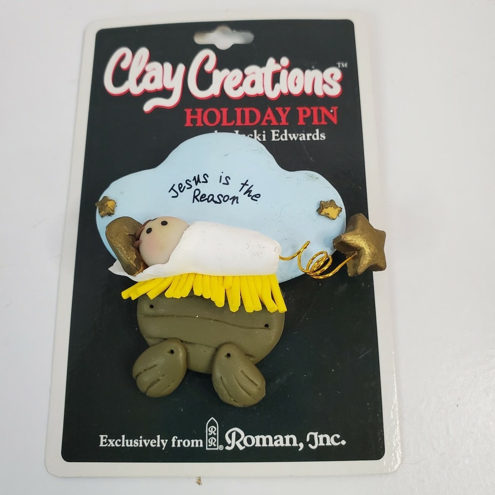 Vtg Romans Clay Creations Jesus Is The Reason Holiday Christmas 3D Pin Brooch